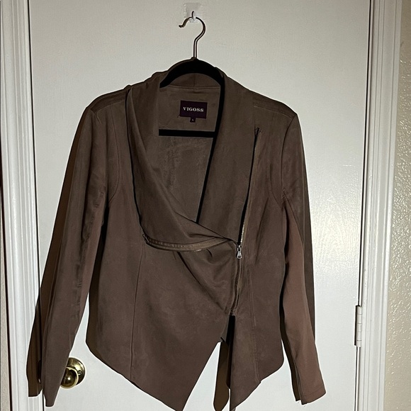 Vigoss Size L Chocolate Brown Suede Asymmetrical Zip Jacket - Picture 4 of 6